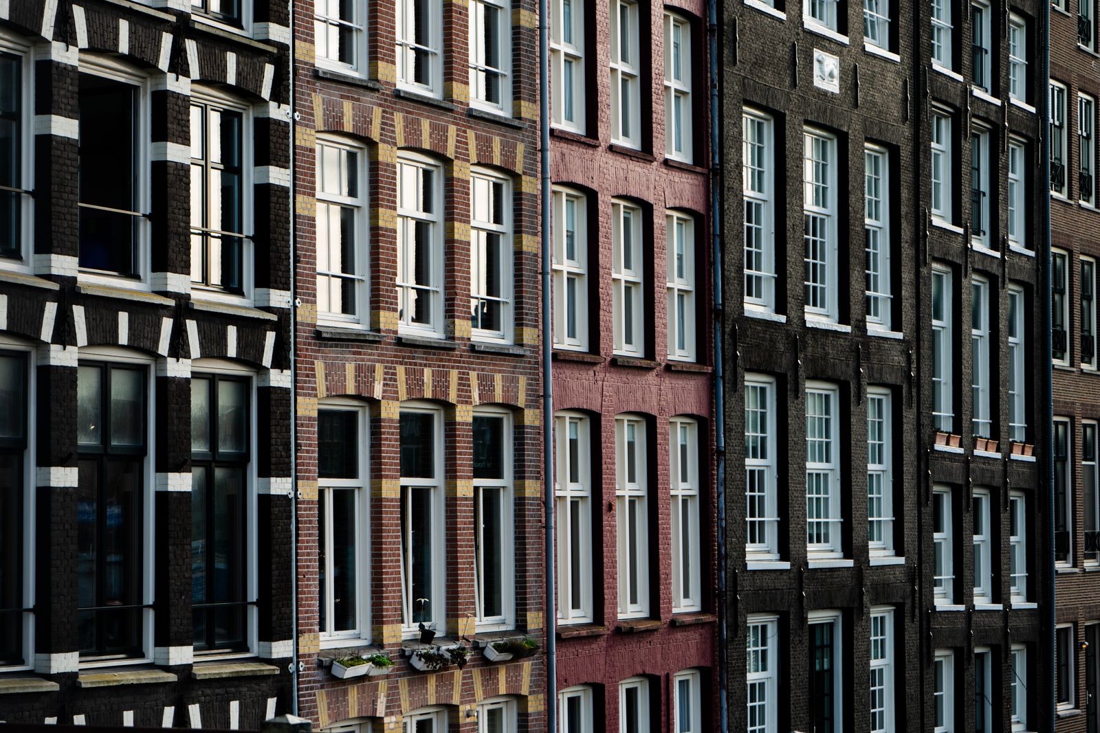 Kleurrijke grachtenpanden in Amsterdam — typisch Nederlands bakstenen woningbezit